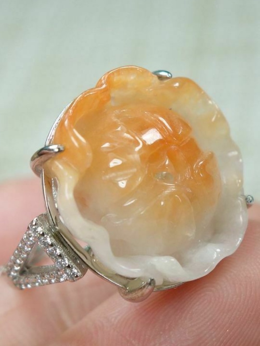 Certified Yellow 100% natural A jadeite jade Ring~Rich Flower 戒指